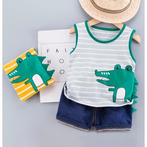 2021 Childrens Set Pure Cotton Baby Dinosaur Print Sleeveless Top+denim Shorts Boys Clothing Set Baby Toddler Clothing Boy Set