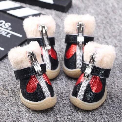 4 Pcs/Set Fashion Dogs Winter Snow Boots Leather Dog Shoes For Teddy Waterproof Anti Slip Pet Shoes For Small Dogs - 2Sizes