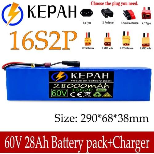 60V 16S2P 28Ah 18650 Li-ion Batterie Pack 67.2V 28000mAh Ebike velo Electrique Scooter avec BMS 1000 Watts BMS prise