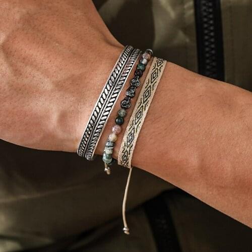 2021 925 Silver Plated Cuff Bracelet Set Natural Agate Skull BeadsTibetan Buddha Lucky Knot Rope Bracelet Unisex Jewelry Gift