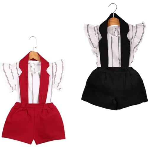 Little Girls Suspenders Set Flying Short Sleeve Vertical Striped Top and Solid Color Short Pants 2Pcs Suits 2-7Y Valentines Day