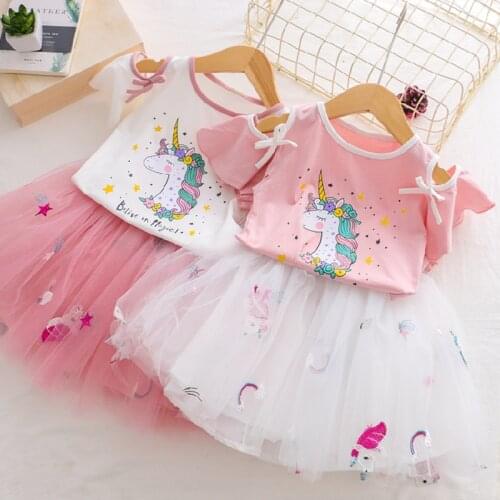 Unicorn Dress for Girls Summer Clothes Casual Cartoon Girls Birthday Party Dress Girl Short Sleeve T-shirt + Dress 2pcs Costume