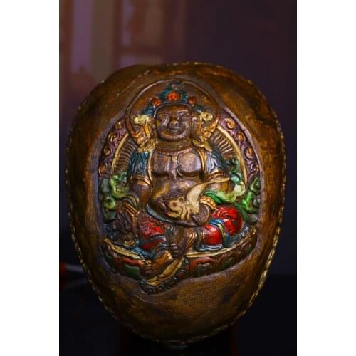 7"Tibet Temple Collection Old Tibetan silver Skull Painted Yellow God of Wealth Statue Kapala Bowl cup Gabala Bowl Town House