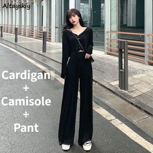 3 Pieces Sets Women V-Neck Cropped Pure Fashion Ulzzang Cardigan and Elastic Waist College Outdoor Full Length Trousers Outfits
