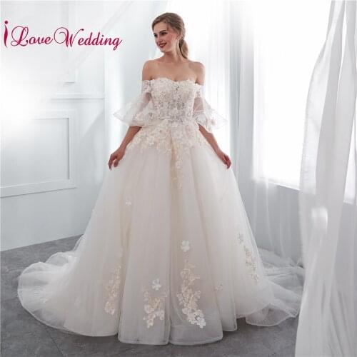 ILoveWedding Off the Shoulder 3D Flowers Lace Applique Flare Sleeves Ball Gown White Bridal Wedding Dress