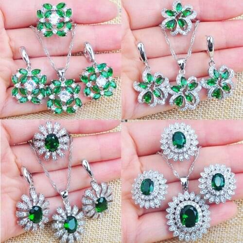 Russian Style Green Cubic Zircon Crystal Jewelry Set 925 Stamped Earrings Feminia Accessories Ring Necklace Pendant TZ088