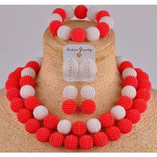 Newest red and white simulated pearl jewelry set nigerian wedding african beads costume necklace african set