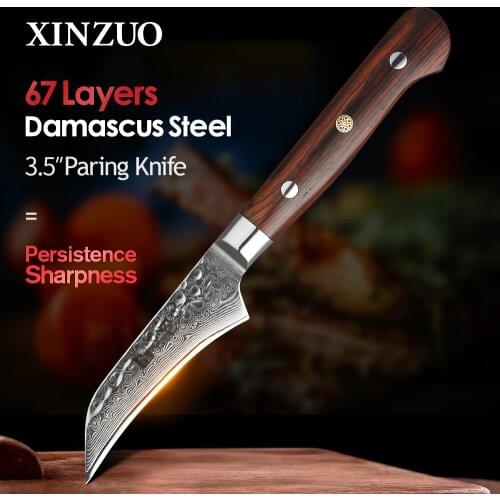 XINZUO 3.5'' inch Fruit Knife Stainless Steel Kitchen Accessories Vegetable Slicer Paring Knives Damascus Blade Rose Wood Handle