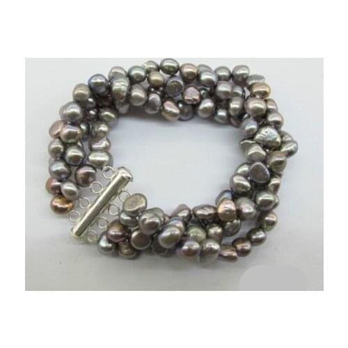 Special Grey Irregular baroque Fresh water Pearl Four Strands Bracelet With Sterling Silver Clasp 8"
