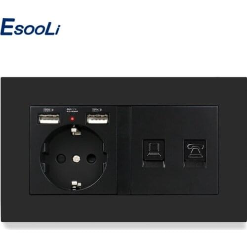 Esooli PC Plastic Panel EU Standard Wall Socket with 2 USB + Telephone Connector and RJ45 Internet Jack enchufe usb pared