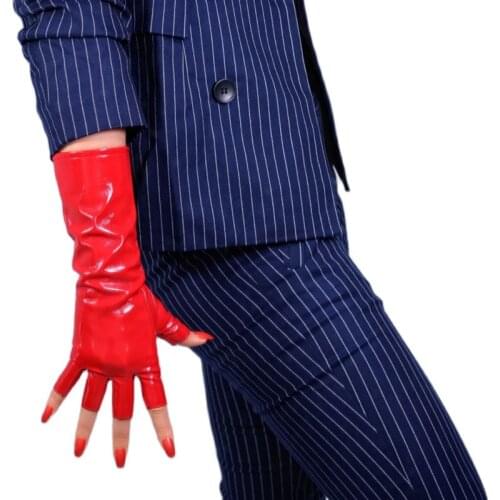HALF FINGER LATEX Long Gloves Faux Leather Fingerless Big Red Cosplay 28cm 11" Women Leather Gloves WPU220-1