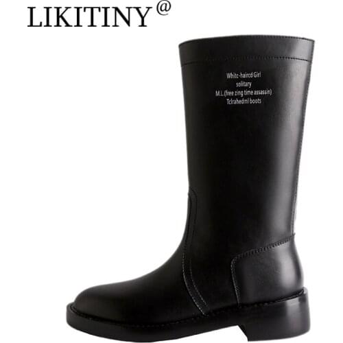 NEW LIKITINY 2021 Spring Autumn Womens shoes Genuine Leather Apricot Slip on Round Toe Half Boots40