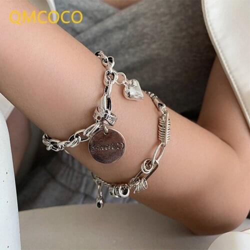 QMCOCO 925 Silver Vintage Heart-Shape Smile Round Letter Pendant Bracelet Woman Trendy Simple Handmade Jewelry For Woman Gifts