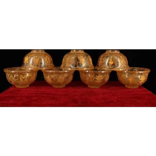 Old crystal carving auspicious eight treasures unearthed in an ancient Tibetan temple (a set of water purification bowls)