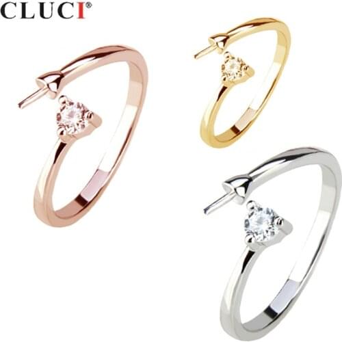CLUCI 925 Silver Simple Zircon Open Ring for Women Jewelry Silver 925 Sterling Pearl Ring Mounting Adjustable Rings SR2001SB