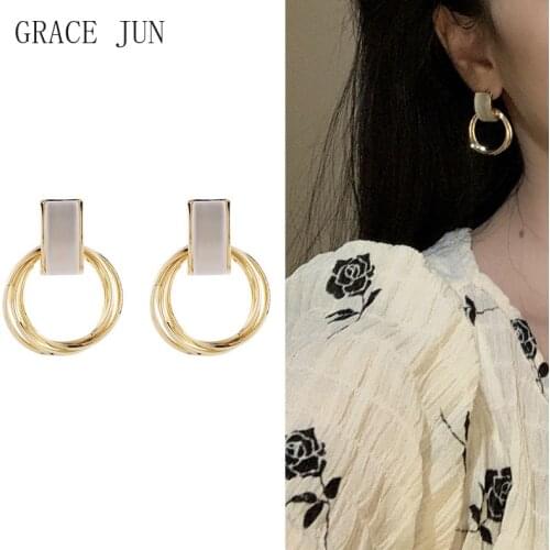 GRACE JUN New Gold Color Opal Stone Stud Clip Earrings Womens Party Birthday Fashion Luxury Geometric Hoop Earrings Wholesale
