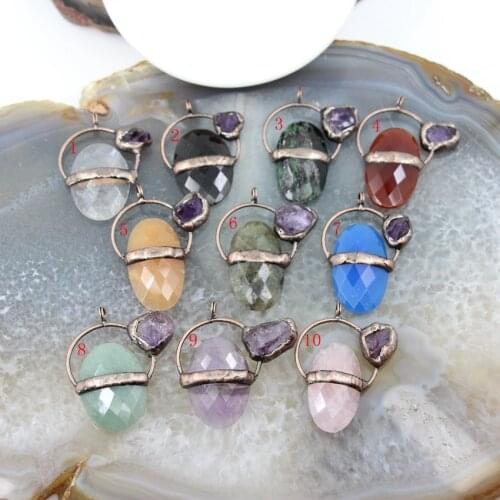 Natural Stone Healing Crystal Vintage Pendant,Faceted Oval Labradorite Amethysts Quartz Necklace DIY Jewelry Making Accessories