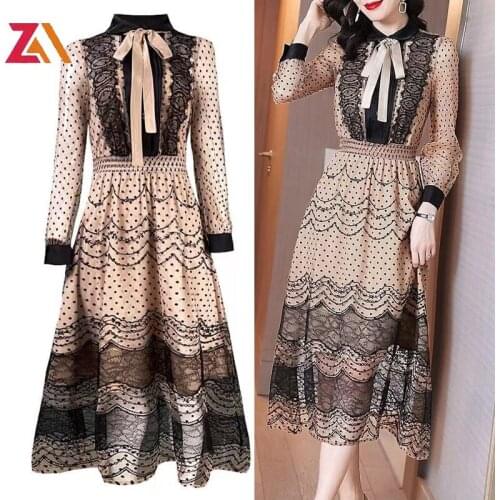 ZALady Summer Women Fashion Lace Mesh Party Midi-long Dress Long Sleeve Elastic Waist Polka Dot Chic Elegant Bow Dresses Vestido