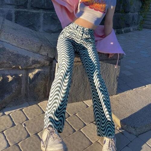 2021 Summer Flares Pants Women Slim Wave Pattern Casual High Waist Visual Kei Harajuku Pantalones Pant Trousers Wide Leg Pant