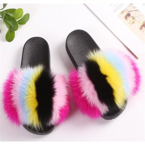 Womens Winter Furry Slippers Fluffy Striped Real Fox Fur Sandals Woman Fur Slides Indoor Plush Shoes Ladies Fur Flip Flops36-45