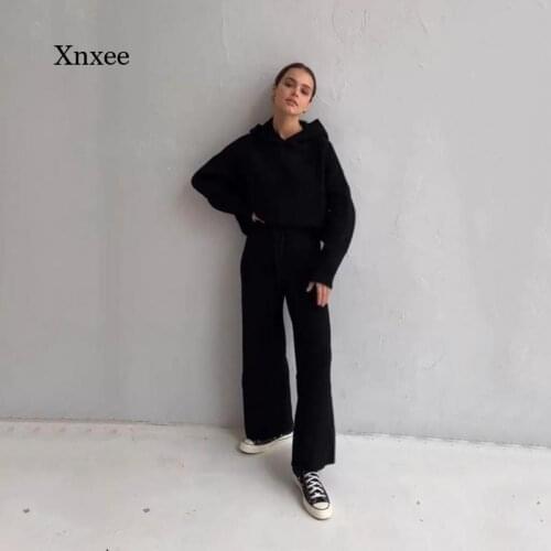 Spring and Autumn Womens Knitted Sweater Two-Piece Womens Suit Long Sleeve Hoodie + Wide Leg Pants Casual Sweater Sweater Set
