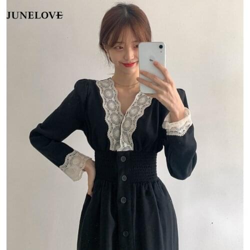 Women 2020 Spring Elegant French Vintage Black Dress New Fashion V Neck Lace Single Breasted Dress Retro Sweet Split Vestidos