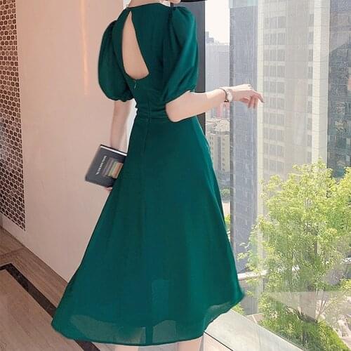 Bella Philosophy Women Summer Vintage Green Backless Midi Dress Puff Sleeve Split Boho Dress Casual Holiday Lady Beach Dress