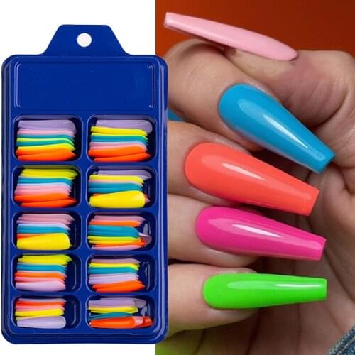 Full Cover False Nail Wearable Candy Color Solid Color False Nail Long Ballerina Blue Pink Nail Tips Nail Extension 100 Pcs