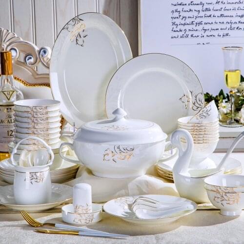 60pcs Bone Porcelain Tableware Jingdezhen Ceramic Tableware Household Plate Set Dinnerware Plate Bowl Spoons