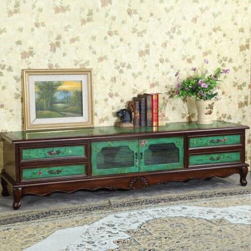 American Country Hand-painted TV Cabinet 2 Meters Practical Low Cabinet with Two Doors and Four Drawers Background Wall Cabinet