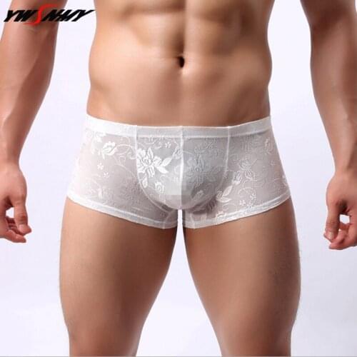 Brand Mens Boxer Sheer Lace See Through Sissy Pouch Panties Boxer Sexy Transparent hombre shorts Underwear Low Rise Underpants