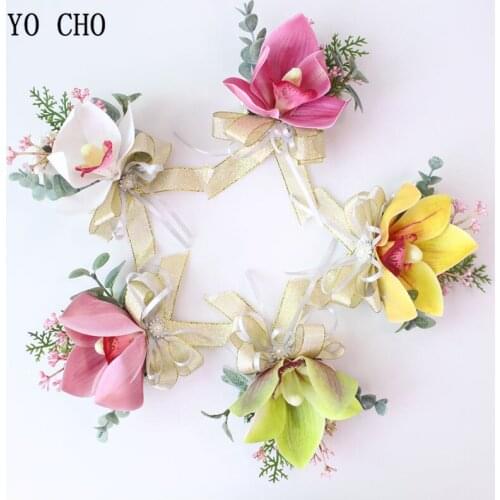 YO CHO Silk Orchid Flower Groom Boutonniere Brooch Bridal Wrist Corsage White Pink DIY Pearl Hand Flowers for Prom Party Meeting