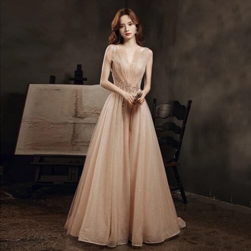 Long Evening Dresses Lace Beading 2021 Elegant V-neck Appliques Sequined Tulle A-line Tailing Gala Formal Gowns Vestidos De Noch