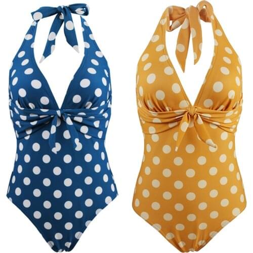 Women Blue Polka Dot V-neck Halter One-Piece Swimsuit Sexy Backless Lace Up Swimwear Ladies Monokini 2021 Beach Bathing Suit 3XL
