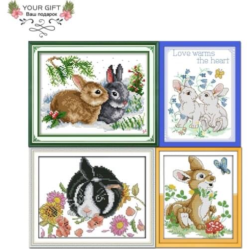 Joy Sunday Rabbit Home Decor D091D102(1)D476D556 Lucky Rabbits In Flowers Needlework Cross Stitch Kits