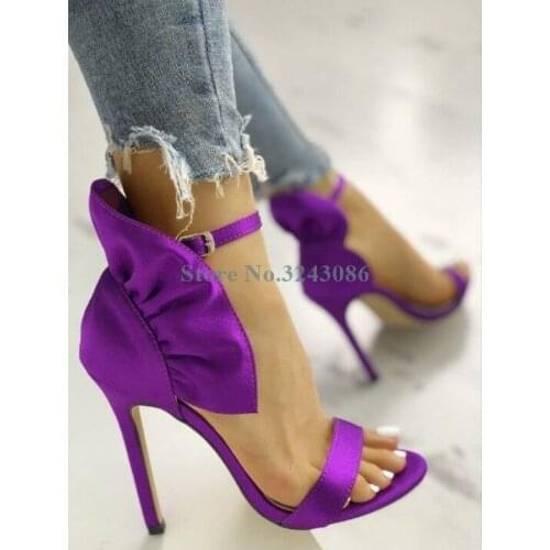 Purple Satin Single Strap Thin High Heel Sandals New Silk Back Ruffles Fashion Banquet Sandals Buckle Strap Ladies Summer Shoes