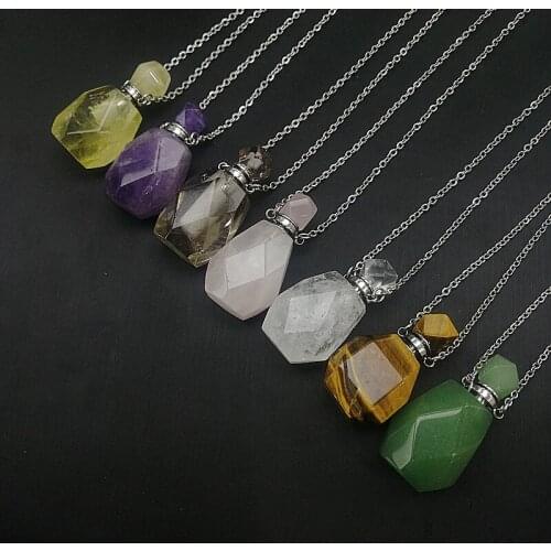 Perfume Bottle Natural Gems Stone Pendant Necklace Faceted Essential Oil Bottle Charm Jewelry Decoration Girls Women Accessorie