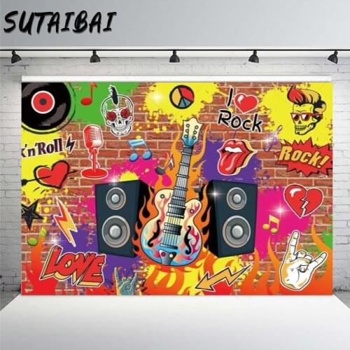 Music Disco Birthday Theme Backdrop Rock and Roll Graffiti Brick Wall Audio Vintage Guitar Audio Crazy Party Photo Background