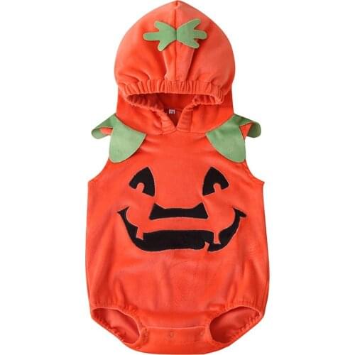 Halloween Pumpkin Costume With Hooded Sleeveless Playsuits Scary Smiley Orange Baby Girl Bodysuits Outwear Party Clothes