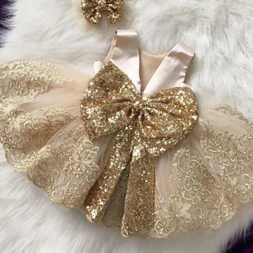 Spanish Champagne Gold Baby Girls Birthday Party Gown Sequins Bows Embroidery Tutu Dress Top Market Sleeveless Evening Vestido