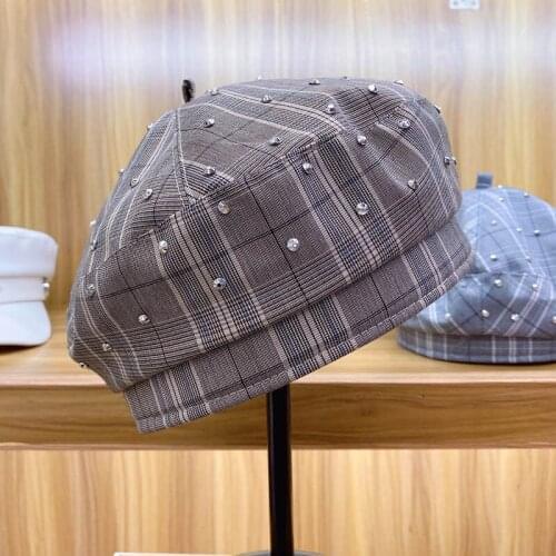 Classical Plaid Beret Women Black Khaki Tartan Check Beaines Hats Rhinestones French Hat Ladies Winter Cap Adjustable French Hat