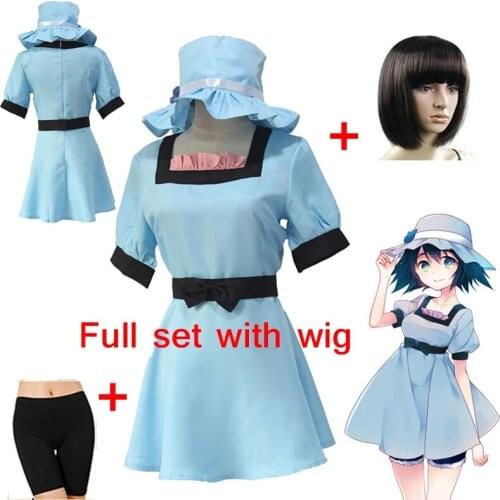 Japanese Anime Steins Gate Shiina Mayuri Cosplay Costume Blue Dress with Hat Party Role Play Dresses Halloween Costumes Wig
