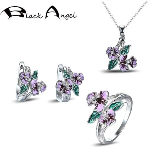 BLACK ANGEL Handmade Green Purple Enamel Flowers CZ Fashion Necklace Ring Clip Earrings For Women Fashion Jewelry Set Party Gift