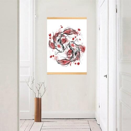 Wall Art Canvas Pictures Cute Carp Poster Petal Wooden Scroll Hanging Painting Print Ink Painting Home Decoration Living Room