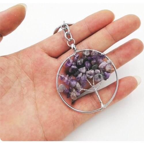 Natural Crystal Stone 7 Chakra Round Tree of Life Pendant Handmade Keychains Key Ring Key Holder for Women Car Bags Accessories