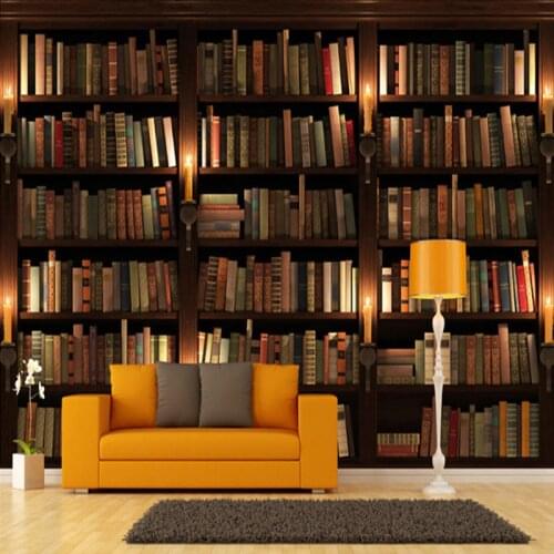 Custom Size 3D Stereo Simulation Bookshelf Photo Mural for Library Study Room Living Room Decor High Quality Non-woven Wallpaper