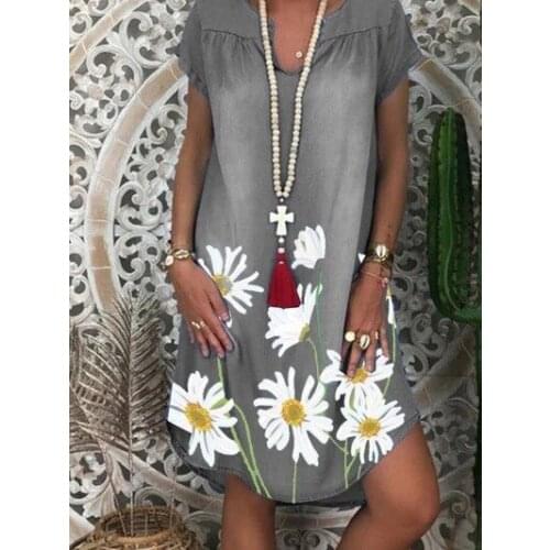 Summer Dress Women Loose Denim Dresses Femme Robe Shrinkage V-Neck Short Sleeve Flower Print Mini Dress For Women Jeans Vestidos