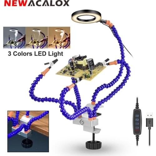 NEWACALOX Soldering Third Hand with USB 3X LED Illuminated Magnifier PCB Repair Fixture Welding Tool Soldering Helping Hand