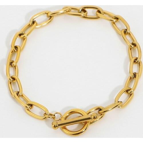 Simple classic gold link chain paperclip bracelet OT toggle Gold Plated Stainless Steel Oval Link Chain Bracelet