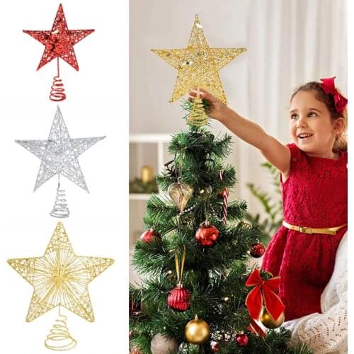 Hollow Sparkle Star Toppers Christmas Tree Topper Gold Silver Red Xmas Tree Ornament for Christmas New Year Party Treetop Decor